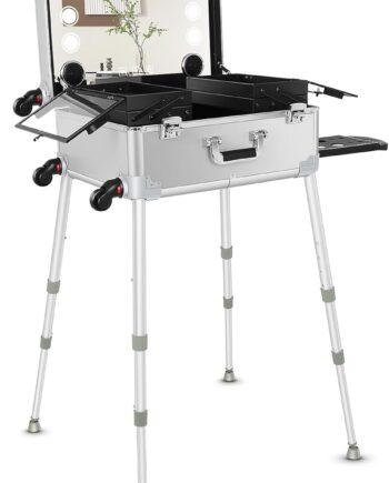Aluminum Trolley Makeup Train Case with 8 LED Light 21'' Rolling Cosmetic Organizer Studio Speaker Make up Artist Free Standing Box with Stand Mirror Makeup Vanity Station for Travel (Silver)