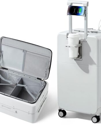 24 Inch Checked Luggage,Top Opening Hard Shell Suitcases with Wheels,Hard Case Travel Luggage with Lock and Cup Holder,Smoke White