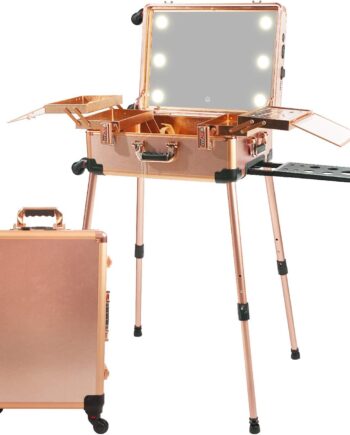 Large Makeup Train Case with Speaker & Code Lock & Full Screen Lighted Mirror & 3 Light Colors Lighted Rolling Cosmetic Organizer, Professional Artist Trolley Studio Free Standing