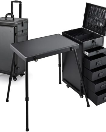 Rolling Manicure Table 5 Drawers Makeup Case Foldable Nail Desk Cosmetology Case on Wheels with Brush Pouch for Technician Workstation Mobile Makeup Artist Trolley Black