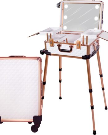 Medium Makeup Train Case with Code Lock, Lighted Mirror, Music Speaker Travel Cosmetic Organizer Box, Professional Artist Trolley Studio Free Standing Case, White