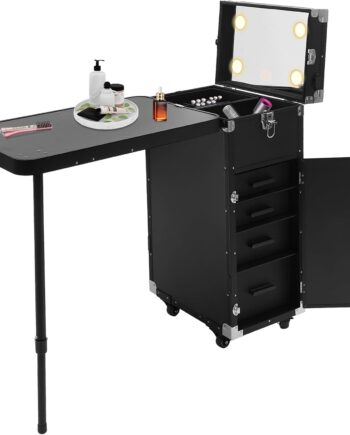 Makeup Train Case With 4 Universal Wheels,Portablel Makeup Suitcase With Drawers,Unfold Table And Makeup Mirror,Rolling Cosmetic Storage Organizer For Makeup Artist,Hairstylist,Etc (Black,Silver)