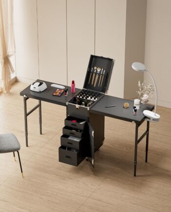 Portable Nail Desk, 2 Desktop Rolling Manicure Table with Wheel, Foldable Travel Makeup Train Case for Nail Teach, Cosmetic Trolley Case, Black
