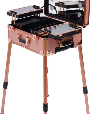 Makeup Train Case Travel Aluminum Cosmetic Organizer Box Professional Rolling Train Case Cosmetic Trolley with Lock Lighted Mirror Stand Hairstylist Storage Case for Nail Artist (Pink)