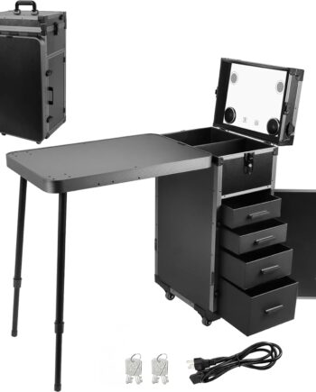 Rolling Manicure Table Makeup Train Case with Foldable Nail Desk Makeup Workstation, Travel Cosmetic Trolley Storage Organizer with 4 Drawers Mirror & Speaker for Technician Nail Salon