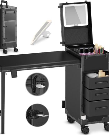 Rolling Portable Manicure Table with 3 Drawers, Mirror & Nail Polish Organizer, Lockable Makeup Train Case with Foldable Nail Desk, Cosmetic Travel Case for Workstation Mobile, Nail tech
