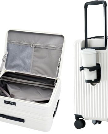 24 Inch Expandable Carry On Luggage with Cup Holder, Hardside TSA Approved Luggage with Spinner Wheels, Top Opening Suitcase For Travel, White