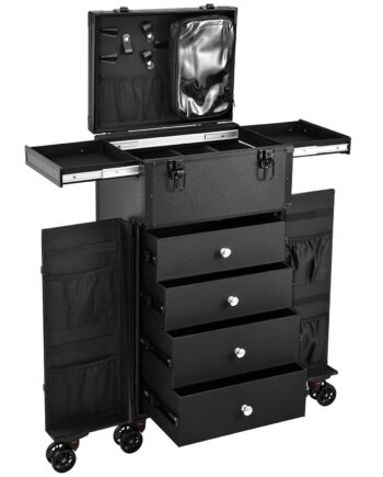 Professional Rolling Makeup Case 4 Drawers Pro Makeup Artist Cosmetic Train Case Hairstylist Travel Case Portable Make Up Station with Multiple Compartments Extra Large - Black
