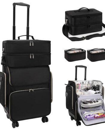 Hairstylist Traveling Case with a Large Makeup Travel Bag for Hairstylist, Hairdresser Bag with Detachable Pouch,360° Rotatable Wheelsfor Hairdressing Tool Organizer