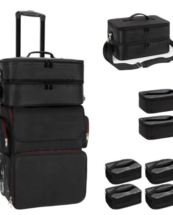 Large Makeup Train Case with Makeup Travel Bag and 4 Clear Makeup Bags for Hairstylist, Hairdresser Bag with Detachable Pouch,Heat Insulation Anti-scalding for Hairdressing Organizer Big wheels