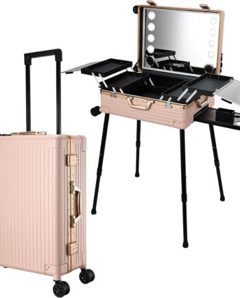 Rolling Makeup Case 24'' Makeup Vanity Station with Full Screen 8 LED Light Mirror Bluetooth Speaker Cosmetology Case on Wheels Make up Artist Free Standing Box Cosmetic Organizer Travel Pink