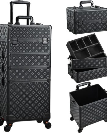 4 in 1 Rolling Makeup Trolley Train Case Cosmetic Suitcase Nail Tech Box for Makeup Artist, Hairstylists, Nail Tech Case with with Keys Swivel Wheels Traveling Trunk, Shine Grid, Rolling Makeup