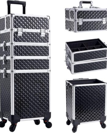 4 in 1 Rolling Makeup Trolley Train Case Cosmetic Suitcase Nail Tech Box for Makeup Artist, Hairstylists, Nail Tech Case with with Keys Swivel Wheels Traveling Trunk, Black, Rolling Makeup Case