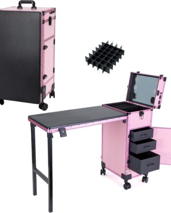 Rolling Manicure Table Foldable Nail Table, Makeup Train Case on Wheels, Travel Makeup Case for Technician Workstation Salon, Nail Makeup Organizer with LED Mirror 4 Drawers  Lock