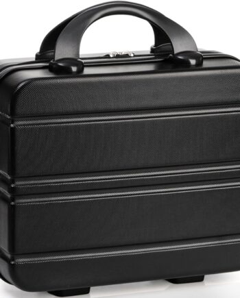 Hard Shell Cosmetic Travel Case, 12 Inch Portable Makeup Train Case with Elastic Band and Handle, Pressure-of Mini  Carrying Suitcase Toiletry Box for Travel, Camping, Black, Black,