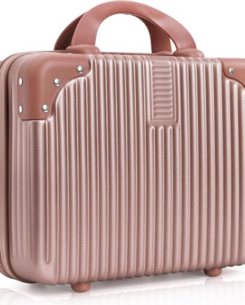 Hard Shell Cosmetic Travel Case, 12 Inch Portable Travel Hand Luggage with Elastic Band, Mini  Carrying Makeup Case Suitcase Train Cosmetic Bag for Travel, Camping, Business Trip, Rose Gold,